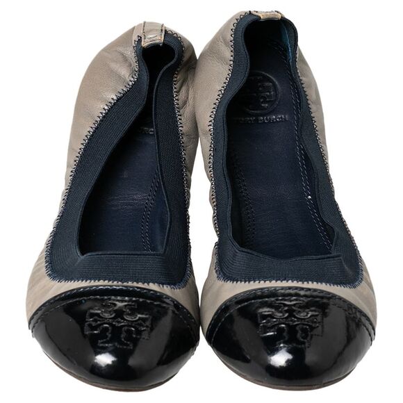 Tory Burch Grey/Blue Leather And Elastic Gabby Scrunch Ballet Flats Size 38.5 - Picture 3 of 4